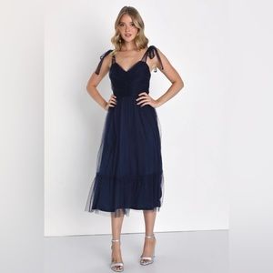 Lulu’s Perfectly Confident Navy Mesh Swiss Dot Tie-Strap Midi Dress